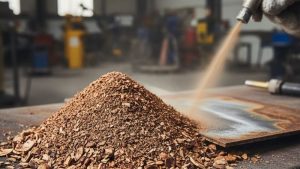 Walnut shell sandblasting media piled on a work surface as it is used to clean a metal panel during controlled abrasive blasting.