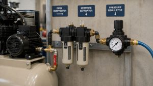 Sandblasting moisture separator and pressure regulator connected to air compressor