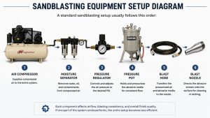 Sandblasting equipment setup diagram with compressor, regulator, and blast nozzle