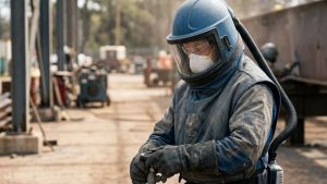 Worker wearing protective gear and helmet operating sandblasting equipment at an outdoor industrial site, preparing a surface for cleaning or coating.