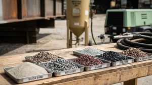 Protective gear for sandblasting, including helmets, gloves, boots, and air filtration systems, laid out on a table. Can you rent sandblasting equipment and protective gear for your project?