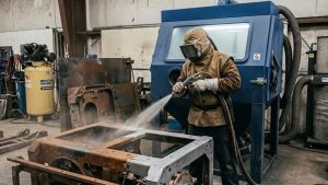 Worker using sandblasting equipment to remove rust and old paint from a metal frame inside an industrial workshop, wearing full protective gear and operating a blasting hose.