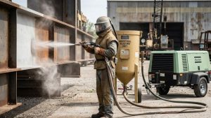Worker operating an industrial sandblasting unit to prepare surfaces for cleaning or coating. Sandblasting equipment shown in use. Can you rent sandblasting equipment for your project