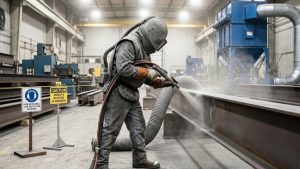 Worker in full protective suit using sandblasting equipment to clean a large metal beam inside an industrial facility, with dust extraction system and safety signage visible nearby.