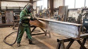 Worker showing how to sandblast steel by cleaning rust from a large metal beam in a fabrication shop.