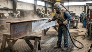 A worker in protective gear is sandblasting a large steel beam inside a metal fabrication shop.