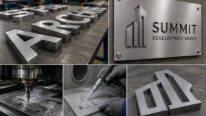 Sandblasted stainless steel signage production process showing fabricated metal letters, precision machining, abrasive blasting, and finished custom business signs.