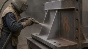 Industrial worker applying sandblasting media for steel to clean rust and corrosion from a heavy steel structure before coating or fabrication.