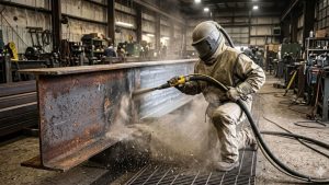 A worker in full protective gear is sandblasting a rusted steel beam inside an industrial workshop.