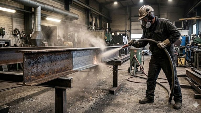 A worker wearing a helmet, respirator, gloves, and protective clothing is sandblasting a rusted steel beam in an industrial shop.