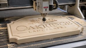 CNC router actively carving a High Density Urethane (HDU) sign for Oakridge Landscapes, showing raised lettering and oak leaf details on a rectangular panel in a workshop with wood dust around the machine.