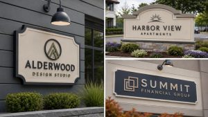 Three exterior HDU signs installed on buildings and monuments, showcasing raised lettering and modern design in landscaped settings.