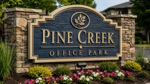 Monument sign for Pine Creek Office Park with dimensional lettering and stone columns at the entrance