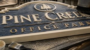 Close-up of a custom monument sign with dimensional lettering during the fabrication process