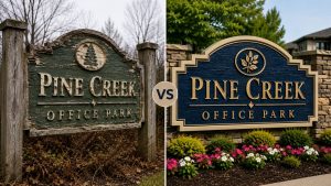 Before and after monument sign renovation for Pine Creek Office Park showing upgraded design and improved curb appeal