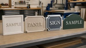 Four sample HDU sign panels with different shapes, textures, borders, and painted finishes displayed in a workshop.