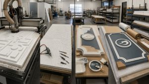 HDU sign production stages from routing through finishing and inspection
