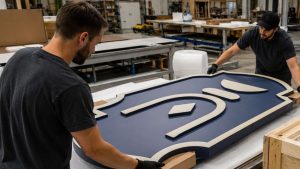 Finished HDU sign securely packaged for freight delivery