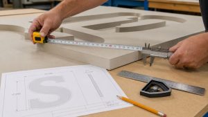 Sign professional measuring a routed HDU panel against a production drawing in a workshop.