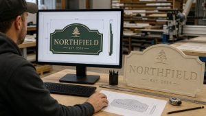 Sign professional reviewing vector artwork beside an unfinished routed HDU sign panel in a production workshop.