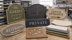 Assortment of wholesale HDU signs with routed lettering, dimensional details, custom shapes, and painted finishes in a workshop.